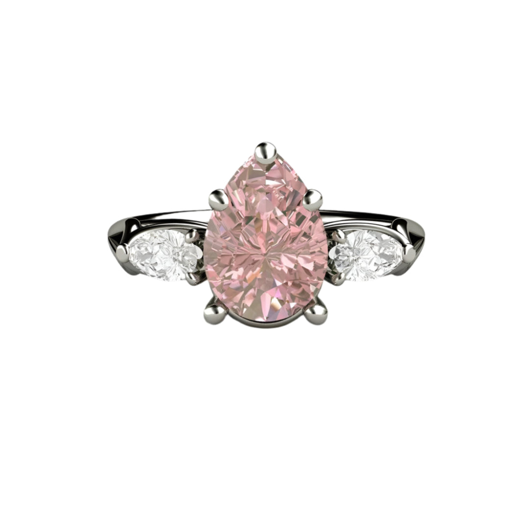 Pink Moissanite Engagement Ring Pear Cut 3 Stone, Rare Earth Jewelry