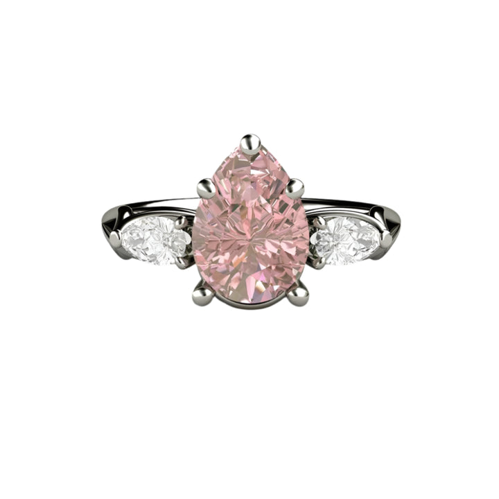 Pink Moissanite Engagement Ring Pear Cut 3 Stone, Rare Earth Jewelry