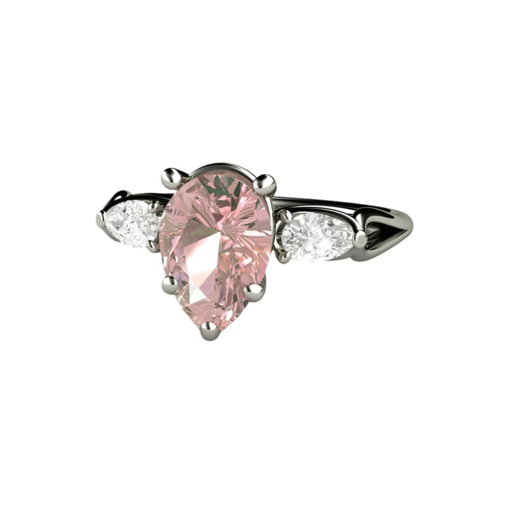 Pink Moissanite Engagement Ring Pear Cut 3 Stone, Rare Earth Jewelry