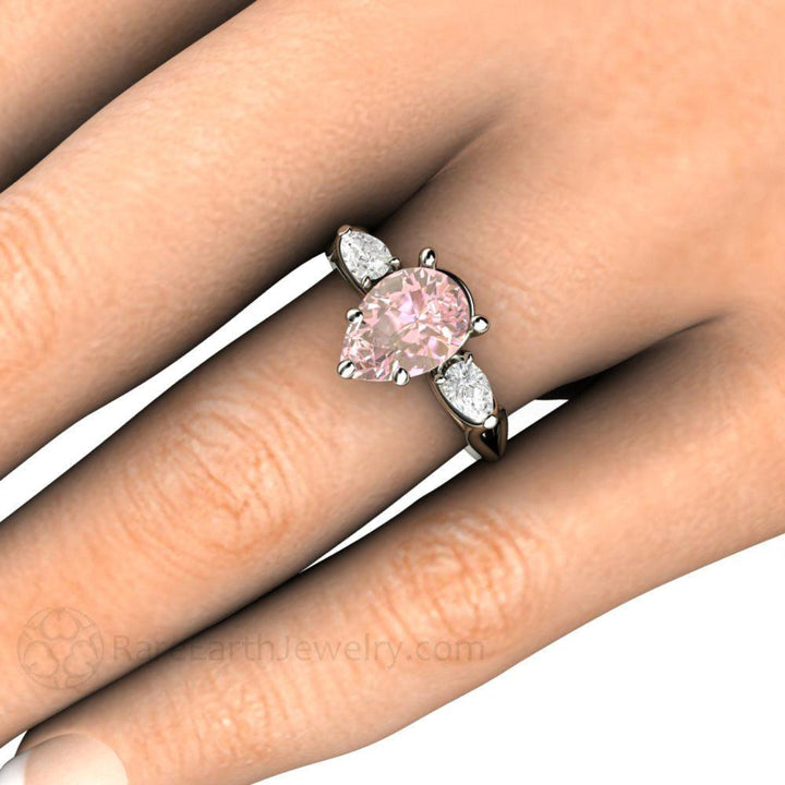 Pink Moissanite Engagement Ring Pear Cut 3 Stone, Rare Earth Jewelry