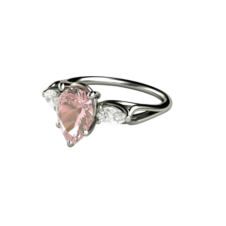 Pink Moissanite Engagement Ring Pear Cut 3 Stone, Rare Earth Jewelry