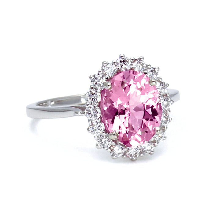 Pink Moissanite Ring Vintage Style Oval Halo, Rare Earth Jewelry