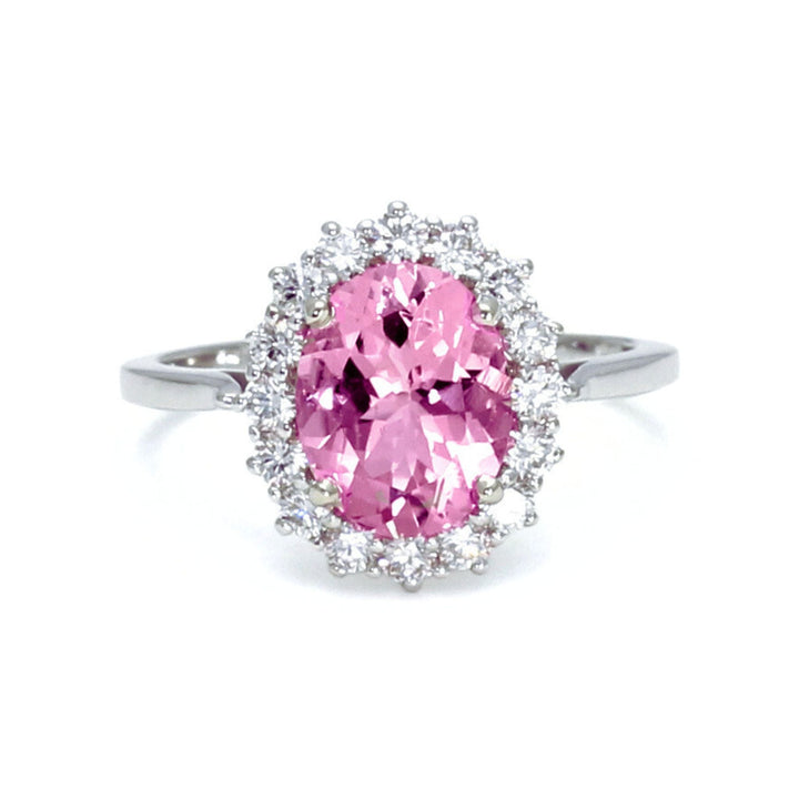 Pink Moissanite Ring Vintage Style Oval Halo, Rare Earth Jewelry