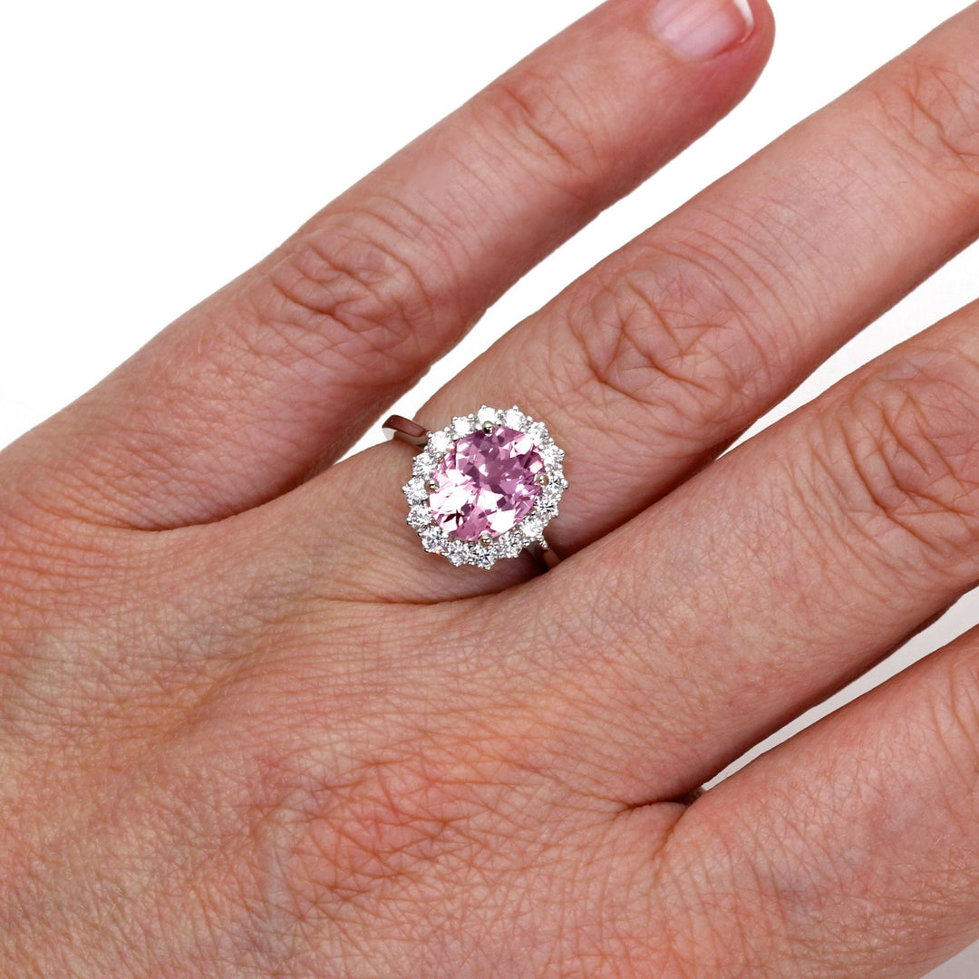 Pink Moissanite Ring Vintage Style Oval Halo, Rare Earth Jewelry