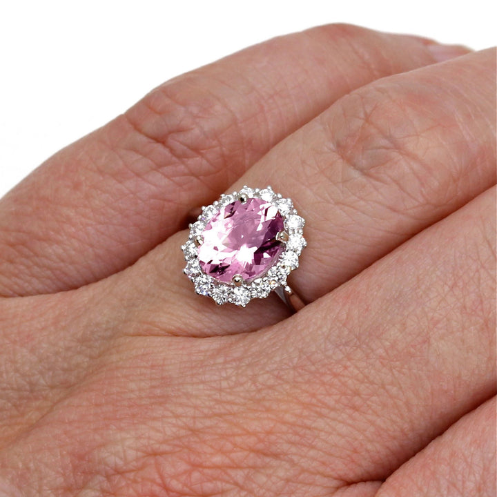 Pink Moissanite Ring Vintage Style Oval Halo, Rare Earth Jewelry