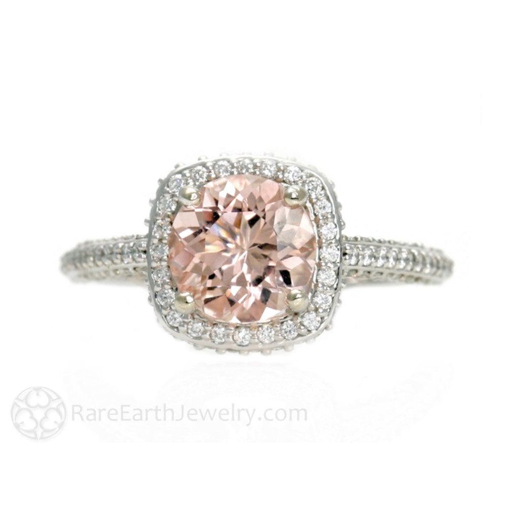 Pink Morganite Engagement Ring 2ct Cathedral Halo with Diamonds 14K White Gold - Rare Earth Jewelry