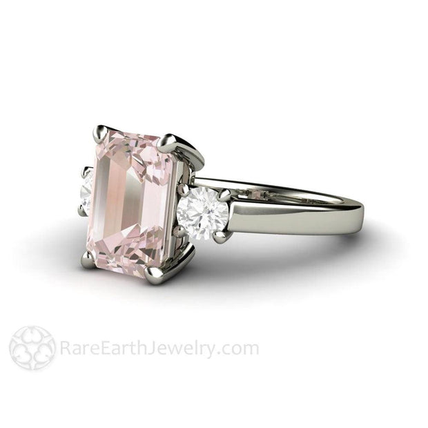 Pink Morganite Engagement Ring Emerald Cut 3 Stone with Diamonds 14K White Gold - Rare Earth Jewelry