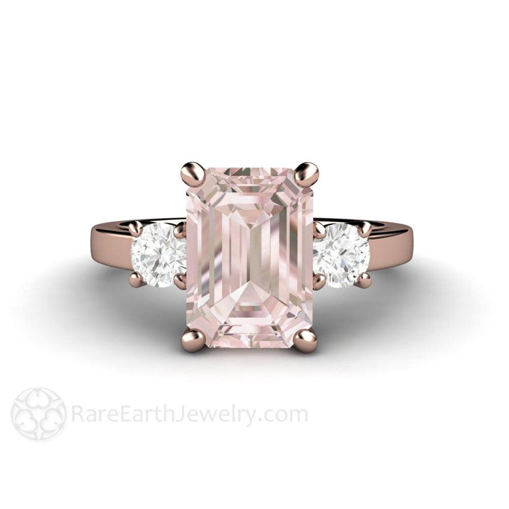 Pink Morganite Engagement Ring Emerald Cut 3 Stone with Diamonds - Rare Earth Jewelry