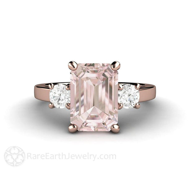 Pink Morganite Engagement Ring Emerald Cut 3 Stone with Diamonds 14K Rose Gold - Rare Earth Jewelry