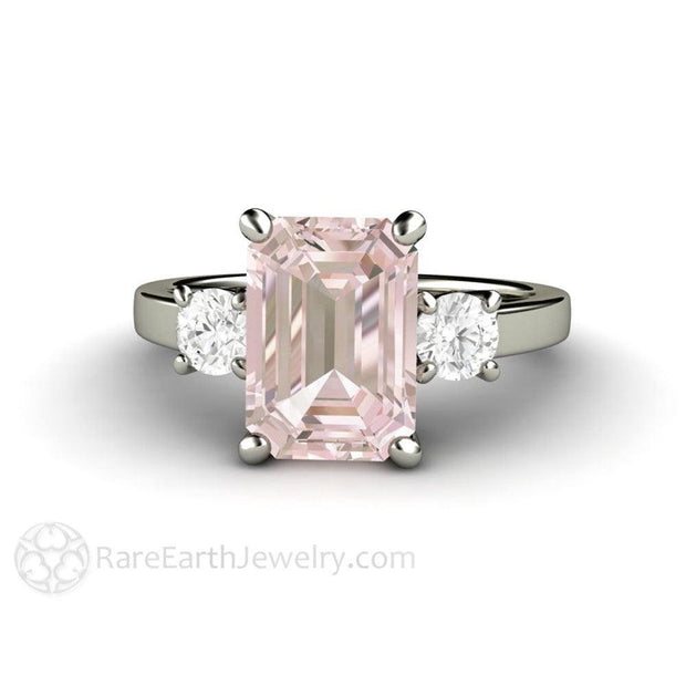 Pink Morganite Engagement Ring Emerald Cut 3 Stone with Diamonds 18K White Gold - Rare Earth Jewelry