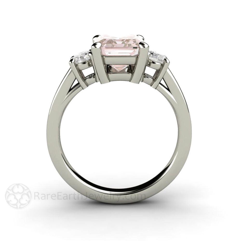 Pink Morganite Engagement Ring Emerald Cut 3 Stone with Diamonds - Rare Earth Jewelry