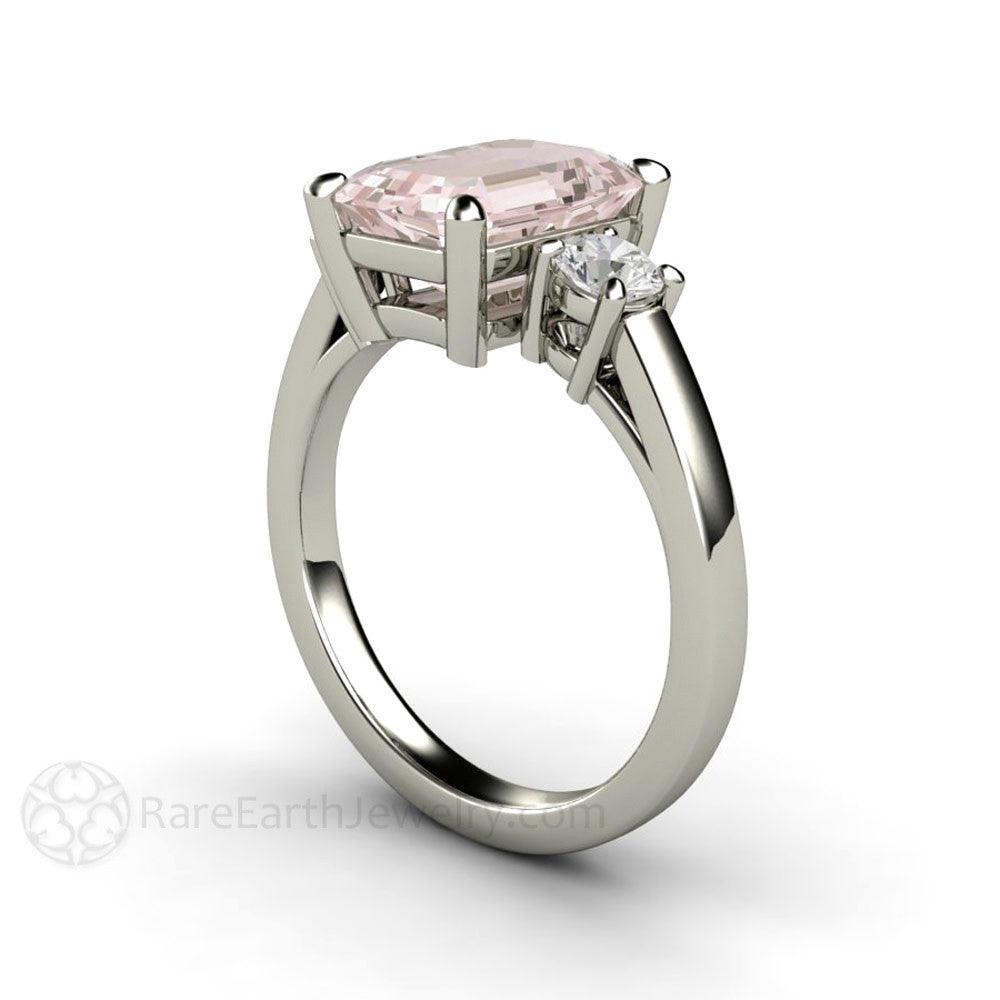 Pink Morganite Engagement Ring Emerald Cut 3 Stone with Diamonds - Rare Earth Jewelry