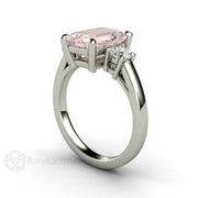 Pink Morganite Engagement Ring Emerald Cut 3 Stone with Diamonds 14K White Gold - Rare Earth Jewelry