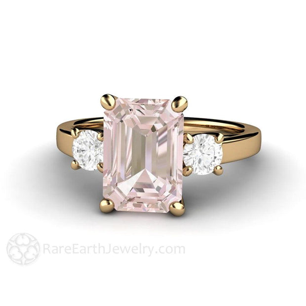 Pink Morganite Engagement Ring Emerald Cut 3 Stone with Diamonds 14K Yellow Gold - Rare Earth Jewelry