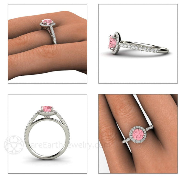Pink Sapphire Engagement Ring Diamond Halo Platinum - Rare Earth Jewelry