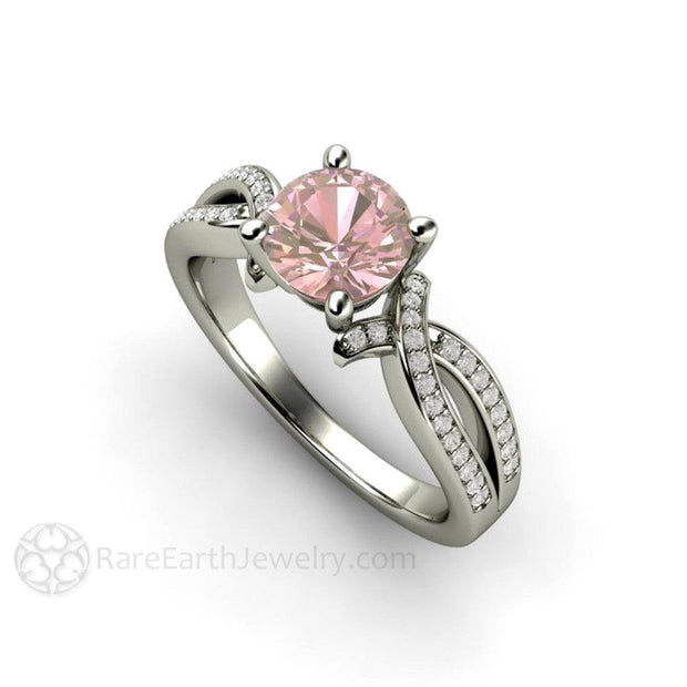 Pink Sapphire Engagement Ring Infinity Solitaire Twist Split Shank 18K White Gold - Engagement Only - Rare Earth Jewelry