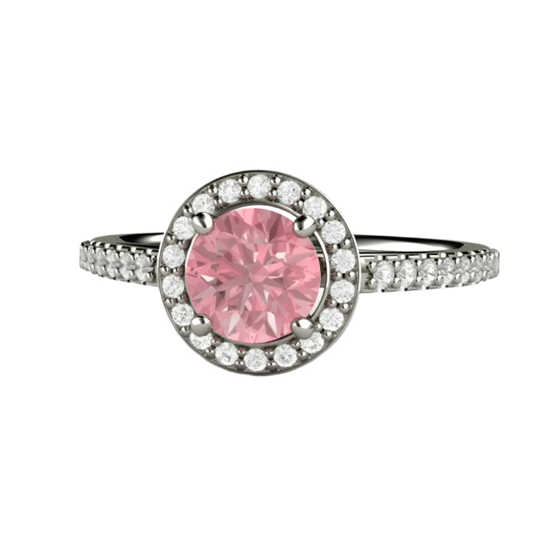 Pink Sapphire Engagement Ring, Round Diamond Halo Cathedral Setting, 14K or 18K Gold and Platinum | Rare Earth Jewelry