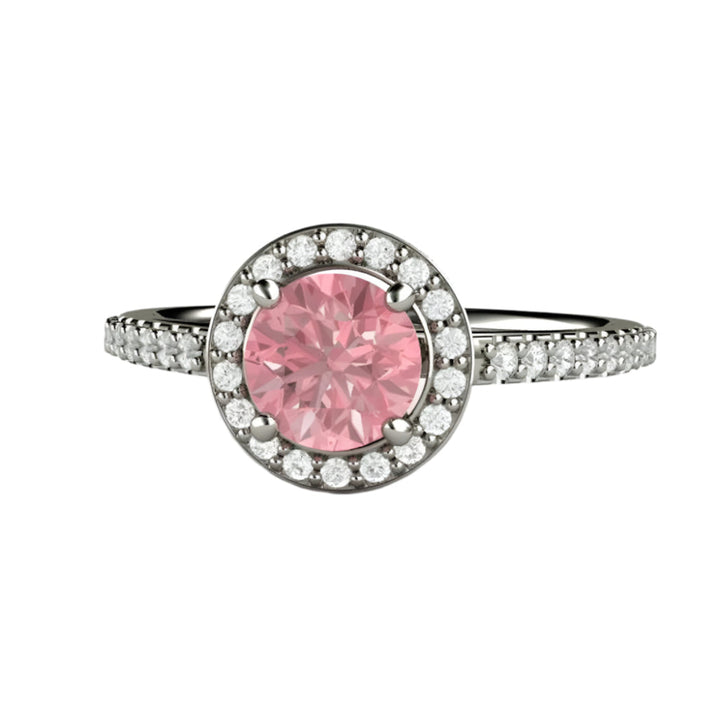 Pink Sapphire Engagement Ring, Round Diamond Halo Cathedral Setting, 14K or 18K Gold and Platinum | Rare Earth Jewelry