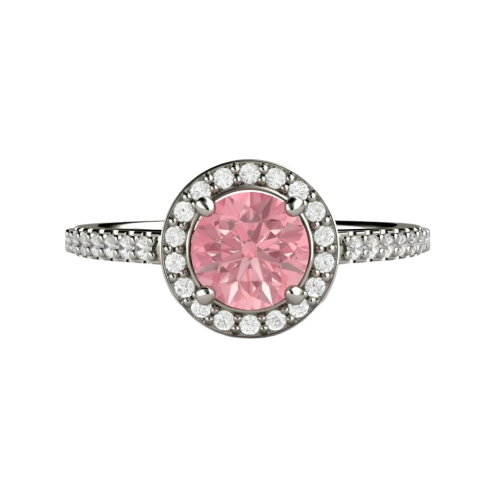 Round Pink Sapphire Engagement Ring, Pave Diamond Cathedral Setting with Diamond Halo, Thin and Dainty | Rare Earth Jewelry