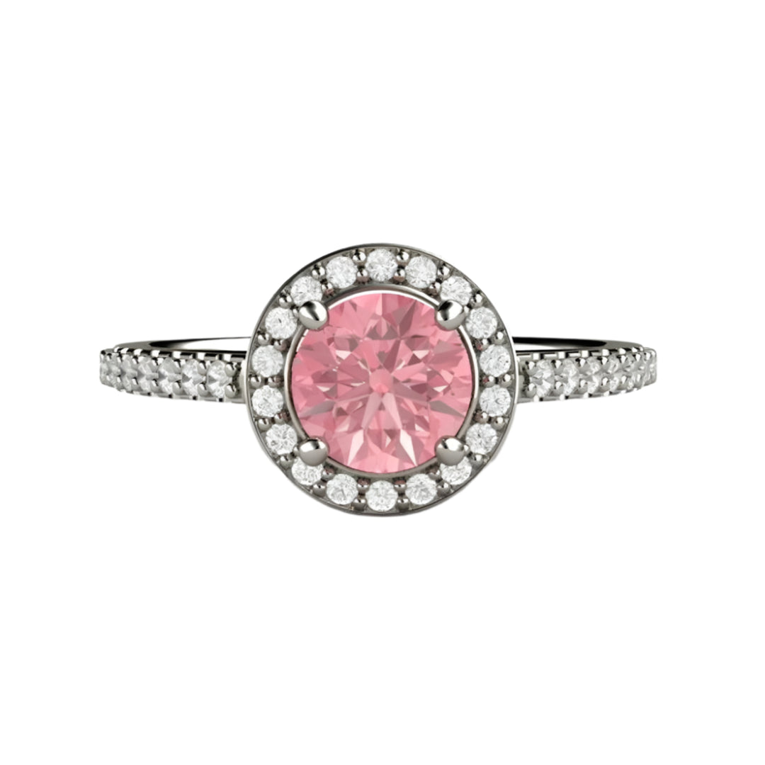 Round Pink Sapphire Engagement Ring, Pave Diamond Cathedral Setting with Diamond Halo, Thin and Dainty | Rare Earth Jewelry