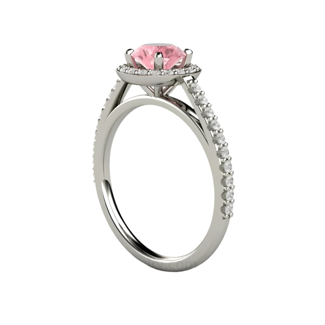 Pink Sapphire Engagement Ring, Cathedral Setting with Pave Diamond Halo in Gold or Platinum | Rare Earth Jewelry