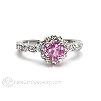 Pink Sapphire Engagement Ring Vintage Style Diamond Halo Scalloped Band 14K White Gold - Rare Earth Jewelry