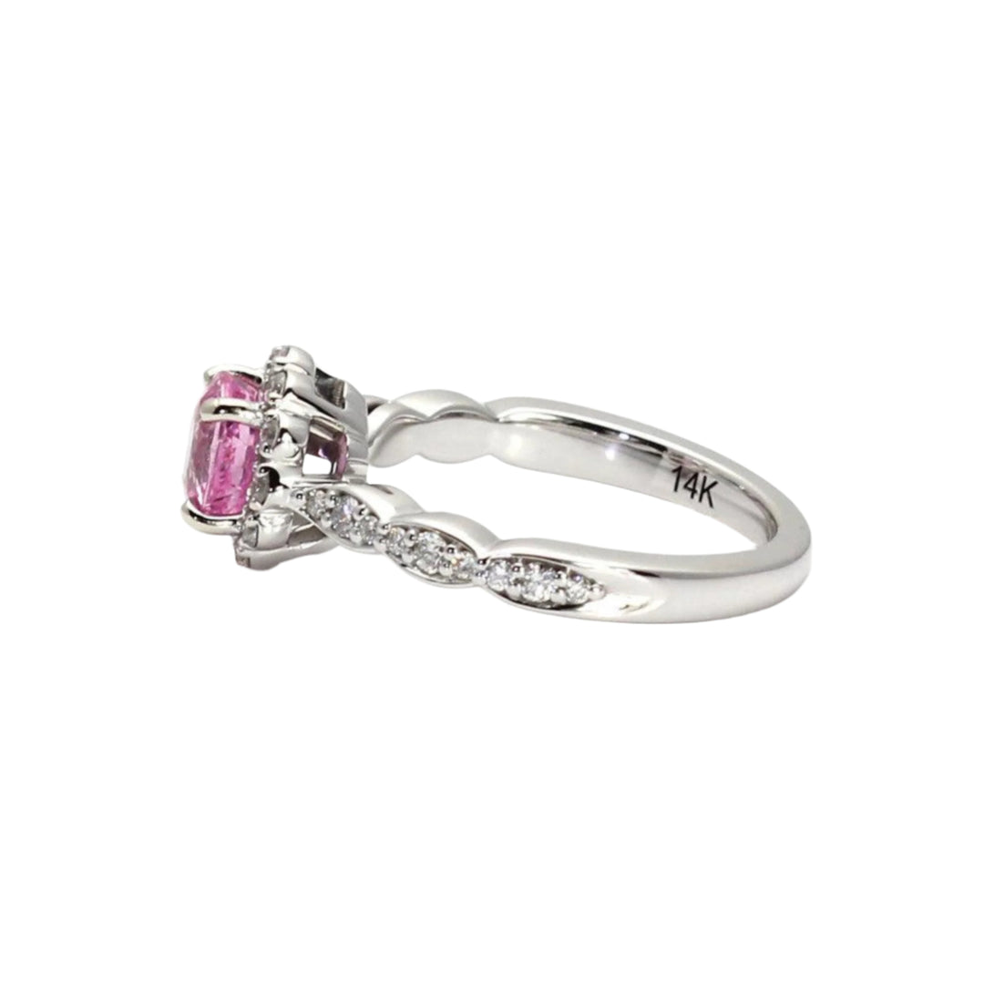 Pink Sapphire Engagement Ring Vintage Style Diamond Halo Scalloped Band | Rare Earth Jewelry