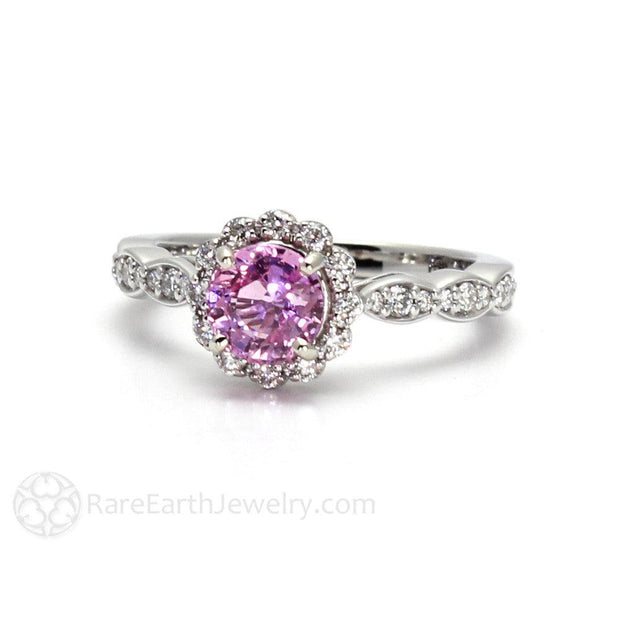 Pink Sapphire Engagement Ring Vintage Style Diamond Halo Scalloped Band Platinum - Rare Earth Jewelry