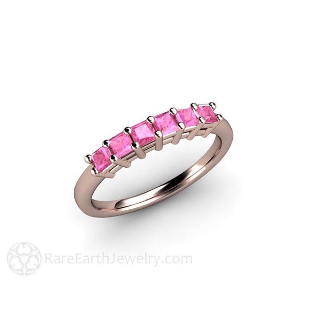 Pink Sapphire Princess Anniversary Band or Stacking Ring 14K Rose Gold - Rare Earth Jewelry