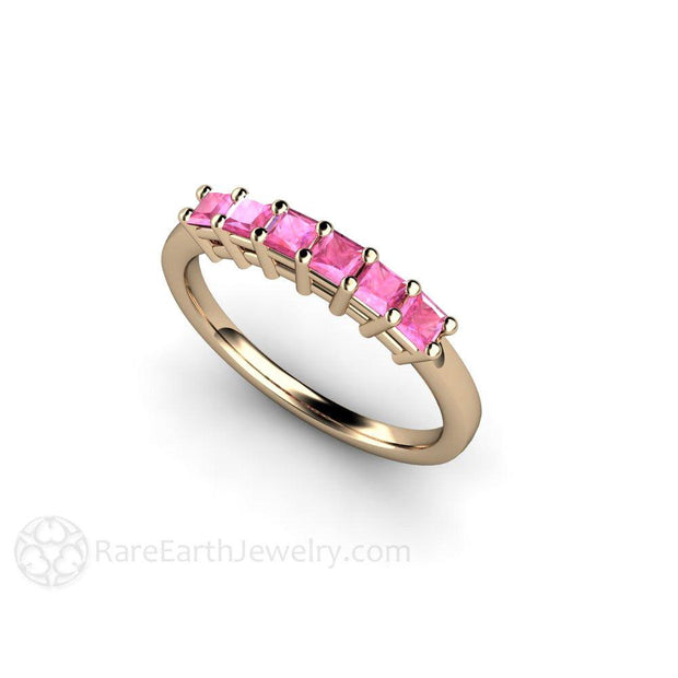 Pink Sapphire Princess Anniversary Band or Stacking Ring - 14K Yellow Gold - Band - Pink - Princess Square - Rare Earth Jewelry