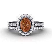 Oval Orange Sapphire Engagement Ring Bezel Set Pave Diamond Halo Platinum - Wedding Set - Rare Earth Jewelry