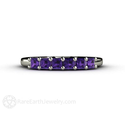 Princess Amethyst 6 Stone Anniversary Band Stacking Ring February Birthstone 14K White Gold - Rare Earth Jewelry