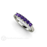 Princess Amethyst 6 Stone Anniversary Band Stacking Ring February Birthstone 18K White Gold - Rare Earth Jewelry