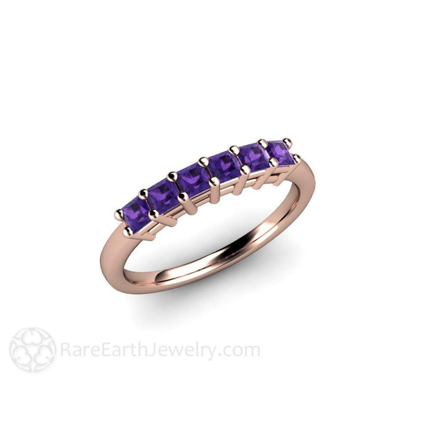 Princess Amethyst 6 Stone Anniversary Band Stacking Ring February Birthstone 14K Rose Gold - Rare Earth Jewelry