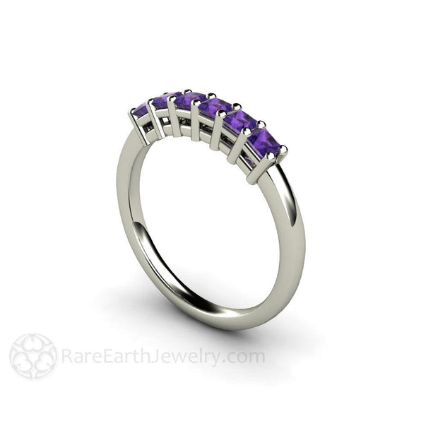Princess Amethyst 6 Stone Anniversary Band Stacking Ring February Birthstone Platinum - Rare Earth Jewelry