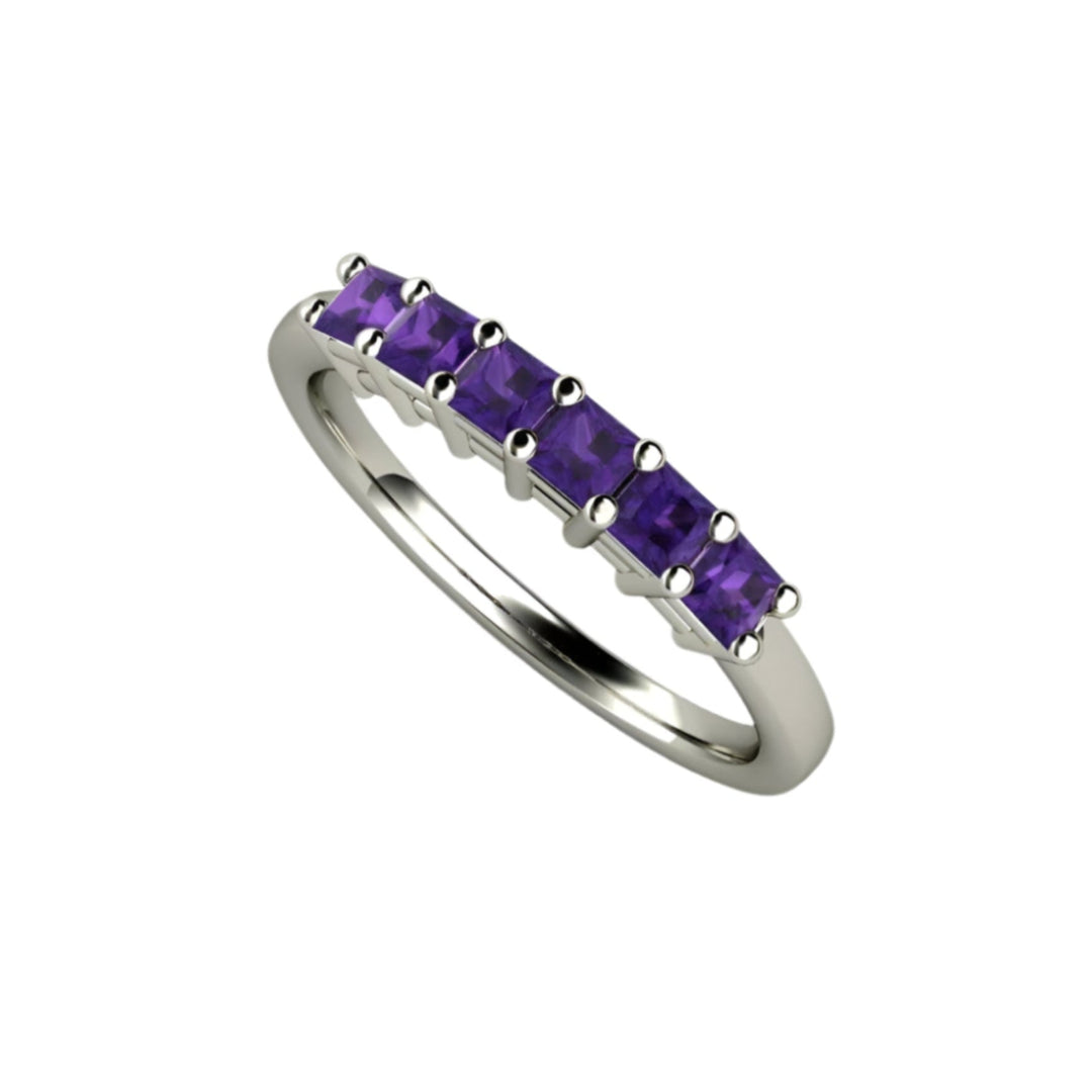 Princess Cut Amethyst Band, 6 Stone Anniversary Band, February Birthstone Stacking Ring, Gold and Platinum | Rare Earth Jewelry
