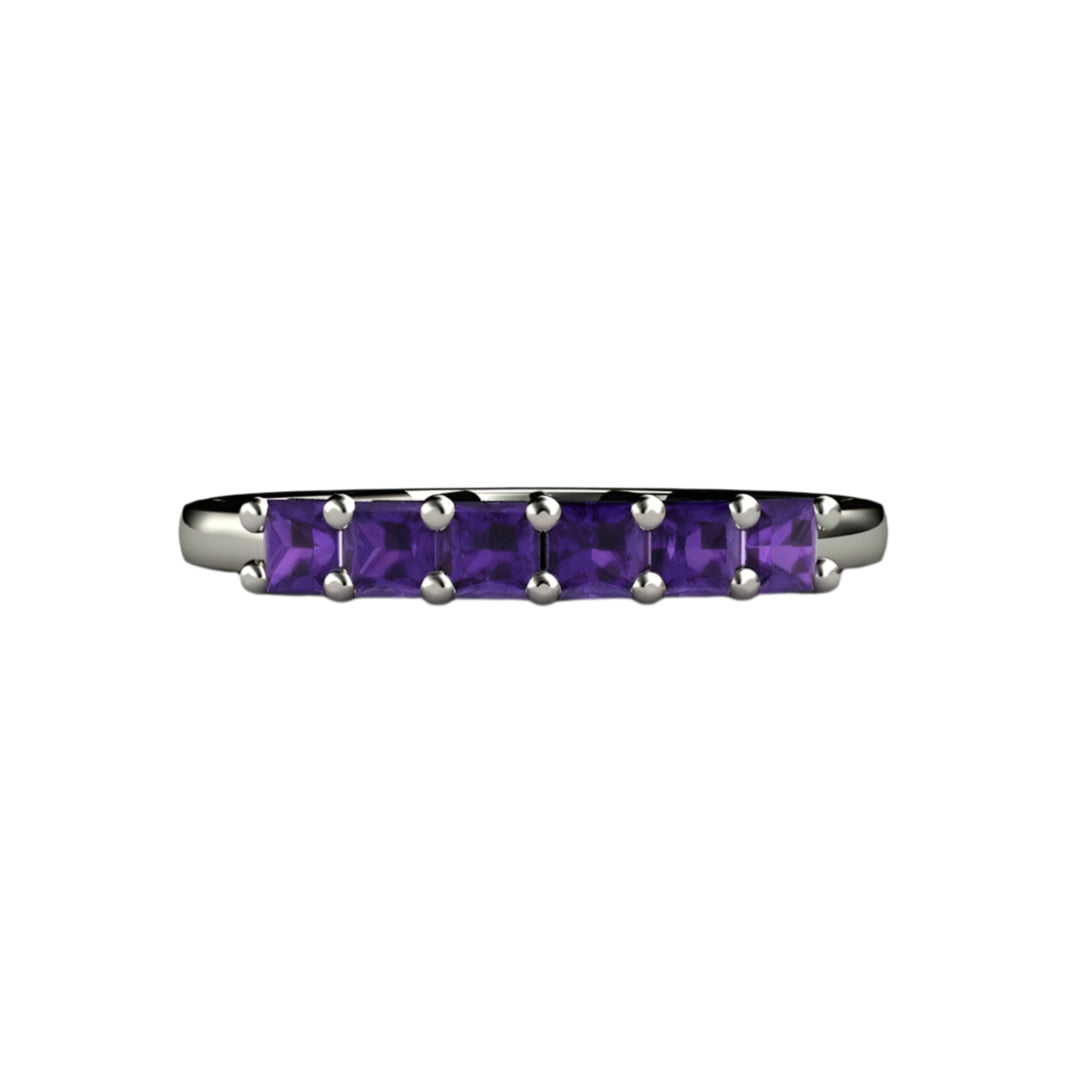 Princess Cut Amethyst Band, 6 Stone Anniversary Band, February Birthstone Stacking Ring, Gold and Platinum | Rare Earth Jewelry