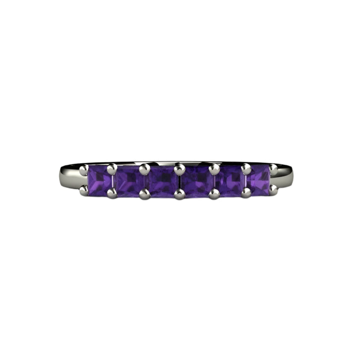 Princess Cut Amethyst Band, 6 Stone Anniversary Band, February Birthstone Stacking Ring, Gold and Platinum | Rare Earth Jewelry