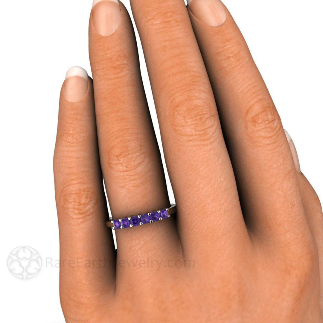 Princess Cut Amethyst Band, 6 Stone Anniversary Band, February Birthstone Stacking Ring, Gold and Platinum | Rare Earth Jewelry