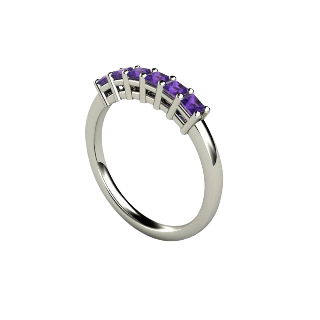 Princess Cut Amethyst Band, 6 Stone Anniversary Band, February Birthstone Stacking Ring, Gold and Platinum | Rare Earth Jewelry