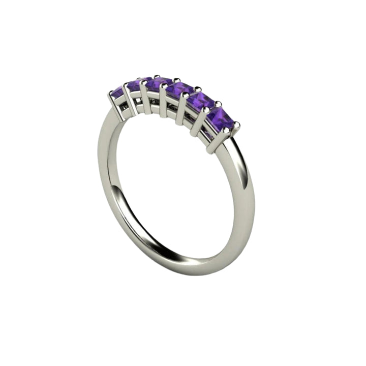 Princess Cut Amethyst Band, 6 Stone Anniversary Band, February Birthstone Stacking Ring, Gold and Platinum | Rare Earth Jewelry