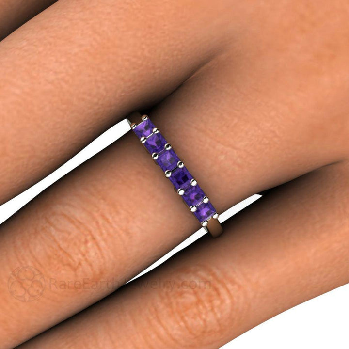 Princess Cut Amethyst Band, 6 Stone Anniversary Band, February Birthstone Stacking Ring, Gold and Platinum | Rare Earth Jewelry