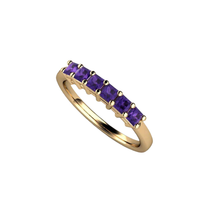 Princess Cut Amethyst Band, 6 Stone Anniversary Band, February Birthstone Stacking Ring, Gold and Platinum | Rare Earth Jewelry