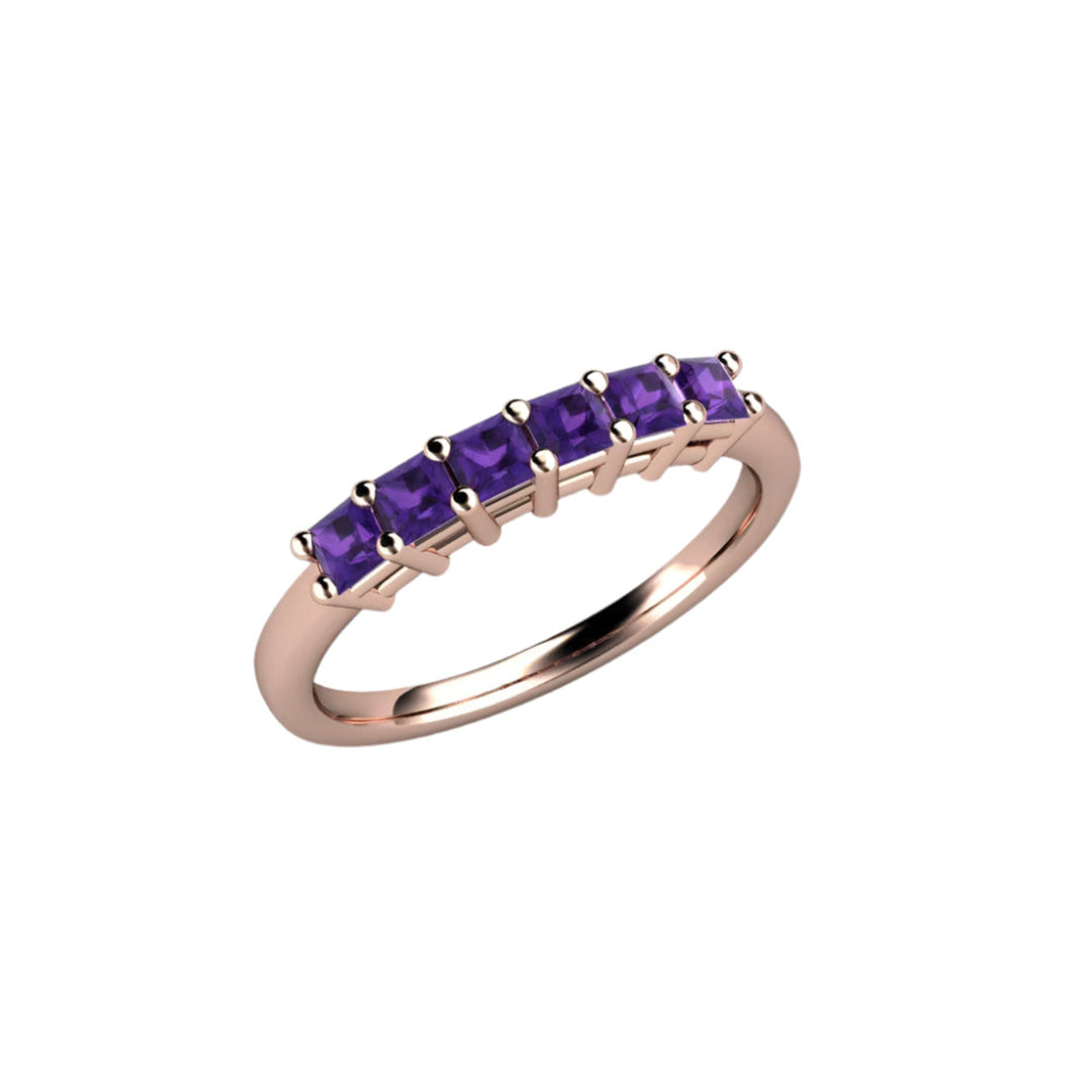 Princess Cut Amethyst Band, 6 Stone Anniversary Band, February Birthstone Stacking Ring, Gold and Platinum | Rare Earth Jewelry