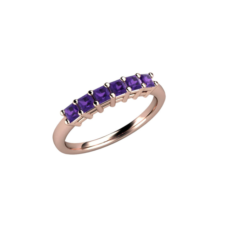 Princess Cut Amethyst Band, 6 Stone Anniversary Band, February Birthstone Stacking Ring, Gold and Platinum | Rare Earth Jewelry