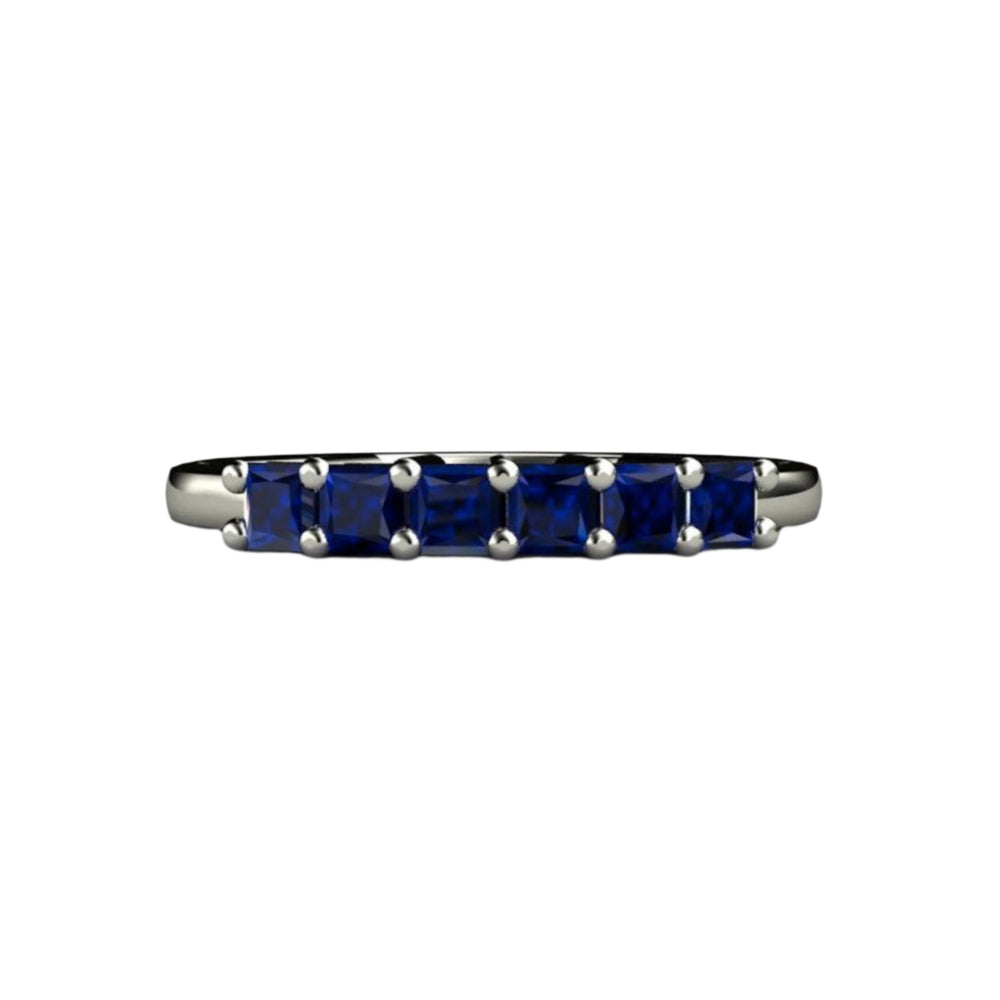 Princess Cut Blue Sapphire Band, 6 Stone Anniversary Ring, September Birthstone Stacking Ring, Gold or Platinum | Rare Earth Jewelry