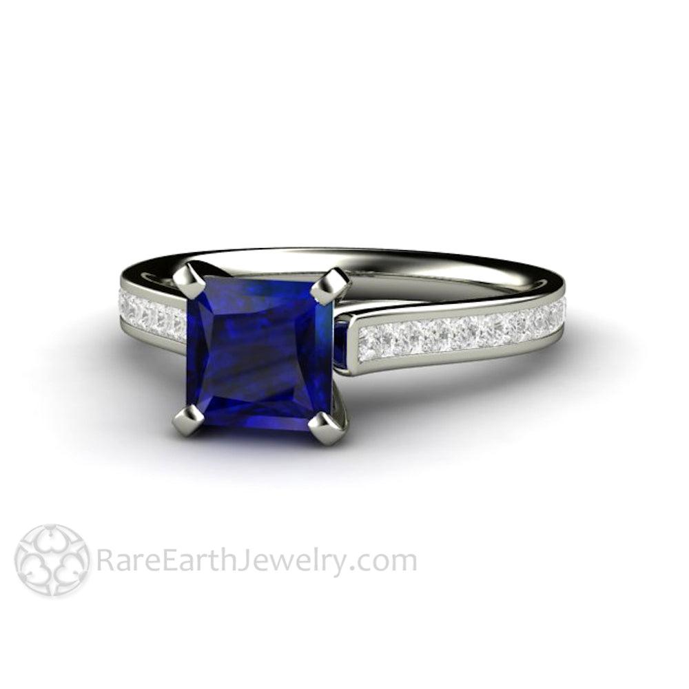 Art Deco 1 Carat Princess Cut Blue Sapphire and Diamond Engagement Rin —  Antique Jewelry Mall