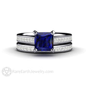 Princess Cut Blue Sapphire Engagement Ring Diamond Accented Solitaire 14K White Gold - Wedding Set - Rare Earth Jewelry