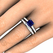 Rare Earth Jewelry Sapphire Wedding Ring Set Princess Cut on Finger Diamond Accented Bridal Band