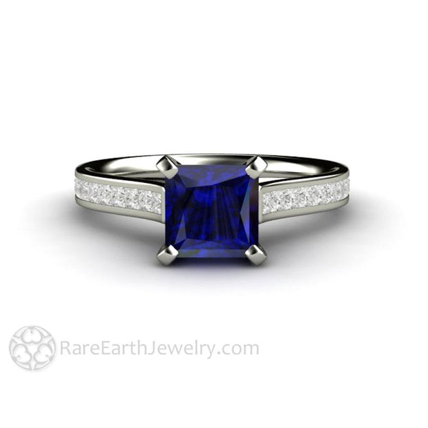 Princess Cut Blue Sapphire Engagement Ring Diamond Accented Solitaire 18K White Gold - Engagement Only - Rare Earth Jewelry